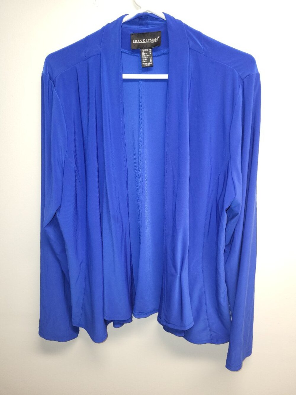 Frank Lyman Design Royal Blue Open Front Cardigan Jacket Size 14 Made in Canada